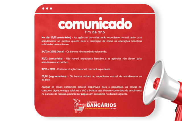 Horário de funcionamento dos bancos nesse final de ano