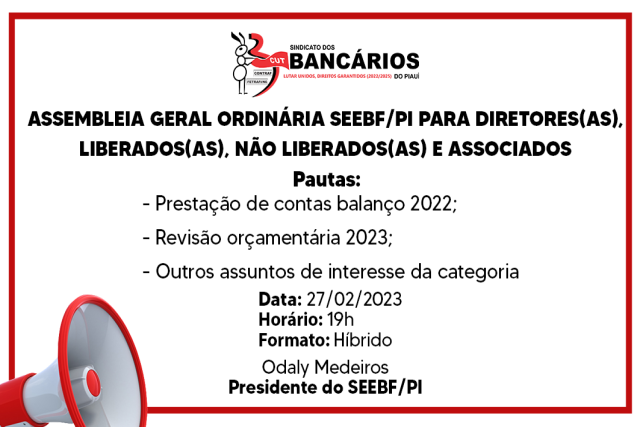 SEEBF/PI realiza Assembleia Geral Ordinária para diretores e associados dia 27/02
