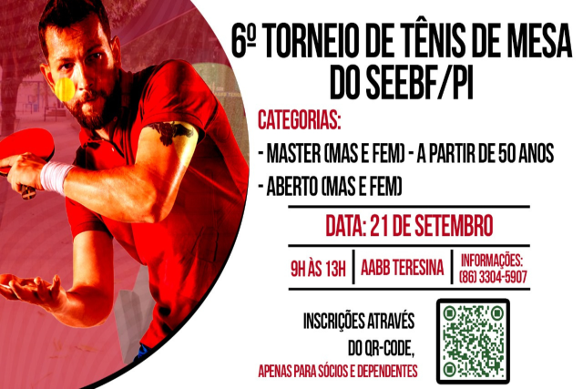 6º Torneio de Tênis de Mesa do SEEBF/PI acontece no dia 21 de setembro