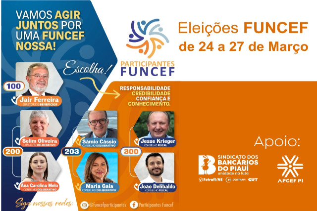 SEEBF/PI apoia a Chapa PARTICIPANTES FUNCEF na eleição que ocorre entre os dias 24 a 27/03
