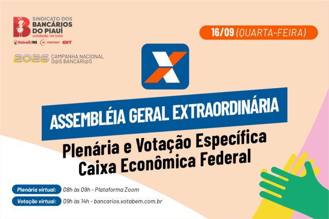 Sindicato dos Bancários do Piauí convoca categoria para Assembleia Geral Extraordinária no dia 16 de setembro